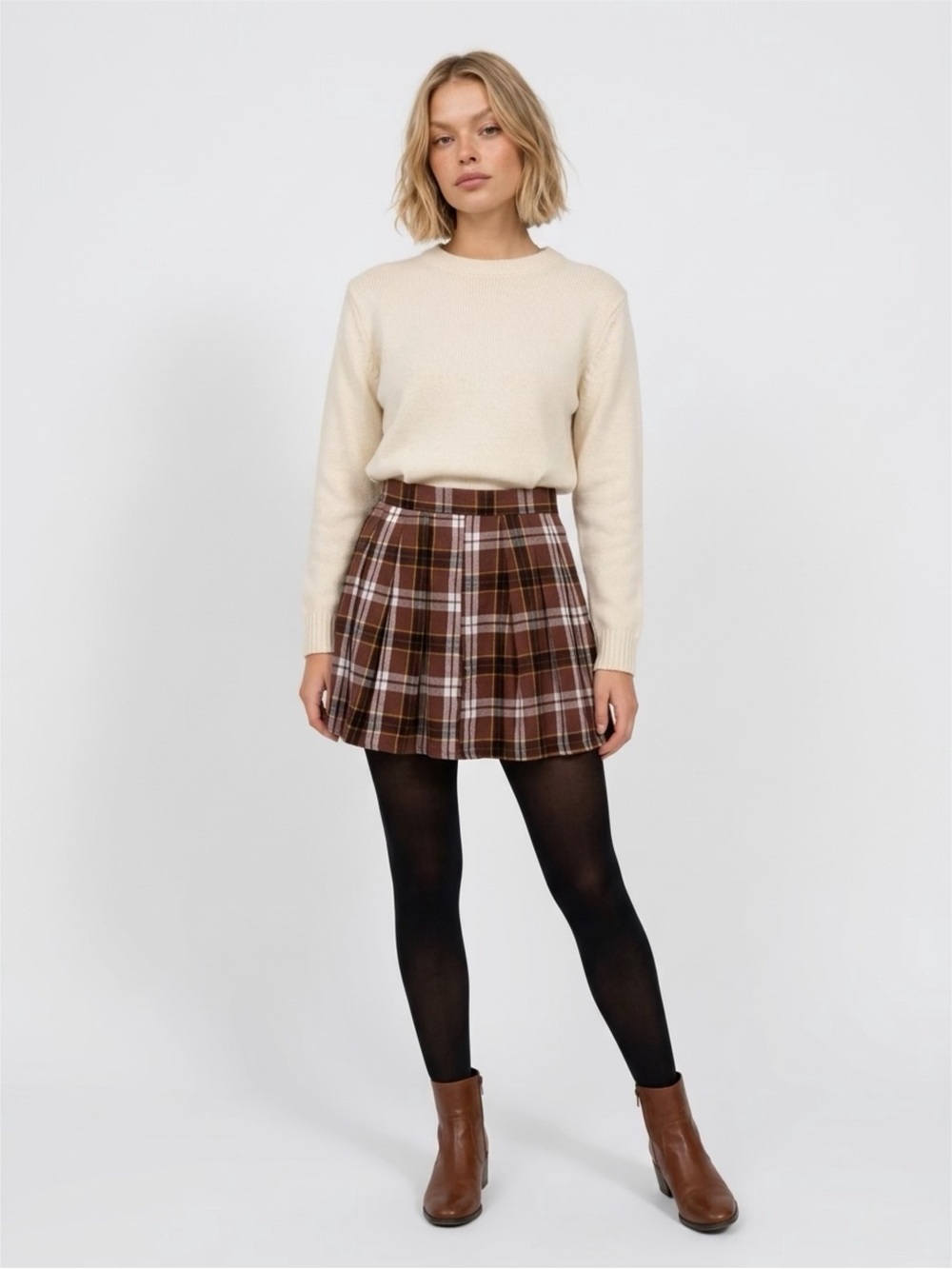 ROMWE Brown Plaid Pleated Mini Skirt